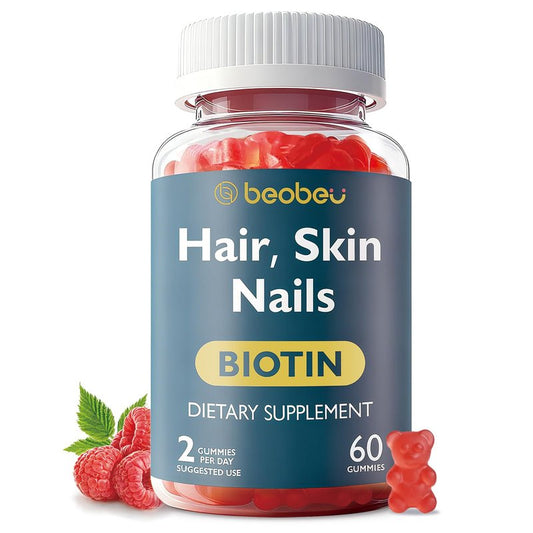 beobeu Hair Skin and Nails Biotin Gummies, Supports Hair Growth, Healthy Skin & Stronger Nails, Vegan Hair Vitamins for Women & Men, 30 Day Supply, Raspberry, 60 Count