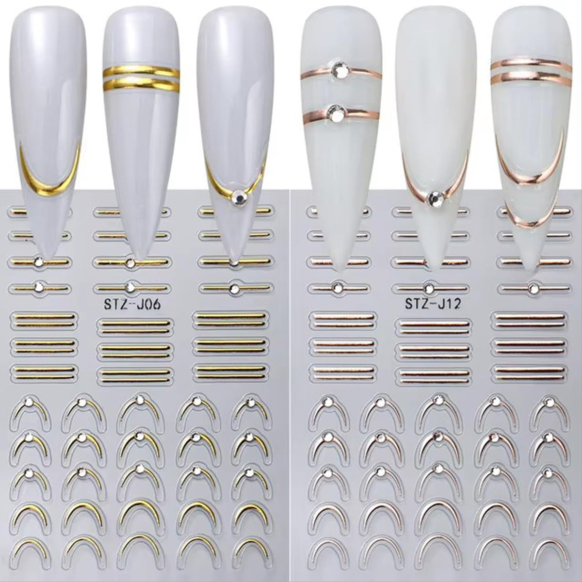 4 Sheets French Stripe Line Nail Stickers with Gold Silver Shiny Crystal Rhinestones,Metallic Stripe Lines Adhesive Design Nail Supplies French Sticker for Women Girls Luxury Manicure Decorations