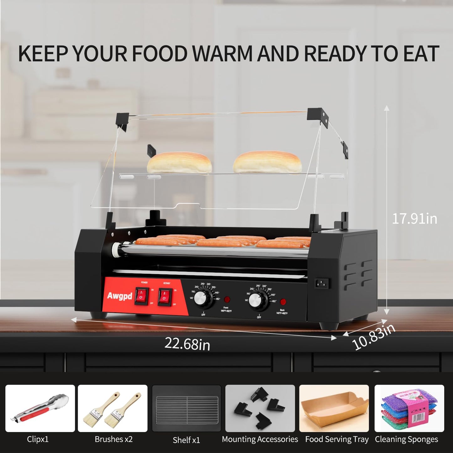 Hot Dog Roller 5 Rollers 12 Hot Dogs Capacity, 750W Stainless Steel Hot Dog Roller Machine with Dual Temp Control,Removable Drip Tray for Party Home Commercial (5 Rollers)