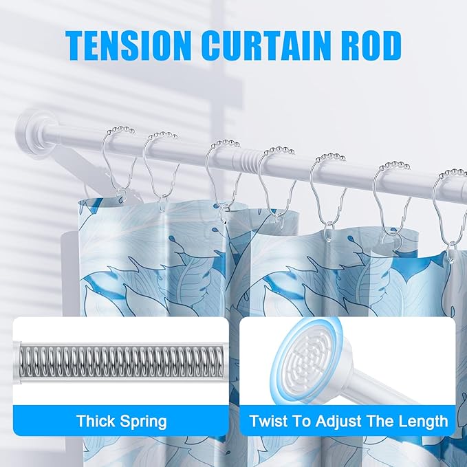 TEECK Shower Curtain Rod, 32-104 inch Adjustable Spring Tension Curtain Rod, Never Rust Anti-Slip Shower Curtain Rod for Bathroom, No Drilling, Never Collapse, Easy to Use, White