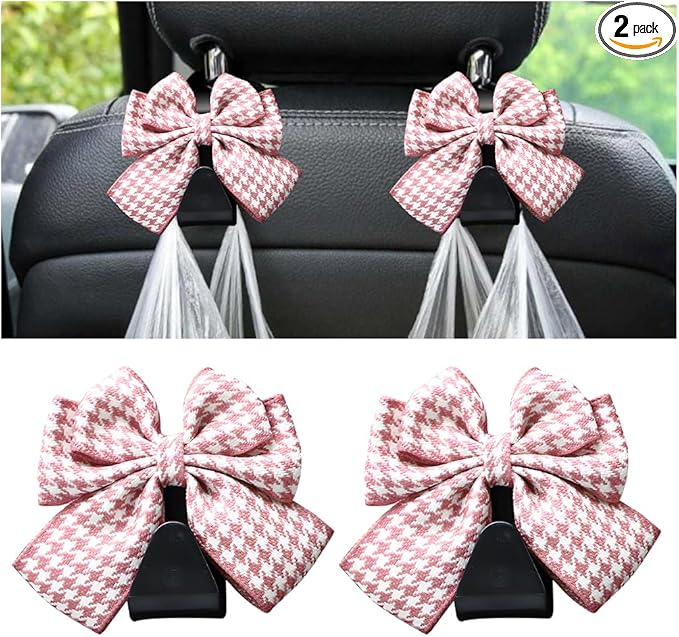 Mandark 2PCS Car Seat Headrest Hooks, Cute Bow Vehicle Hooks for Purses and Bags, Automotive Purse Hook Hanger Interior Decoration Accessories, Universal for SUV, Sedan, Truck (Pink/White)