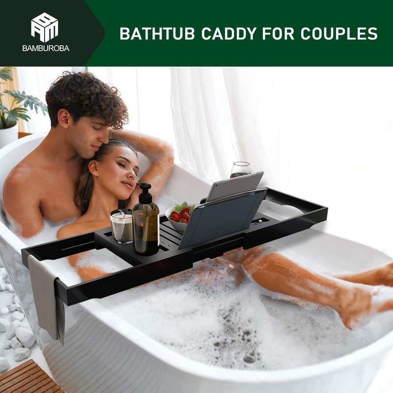 Foldable Bamboo Bathtub Caddy Tray Expandable for Luxury Bath, Bath Accessories & Table with Wine Glass Holder, Book Stand Bathroom Organizer with Extending Sides for Men/Women,Black