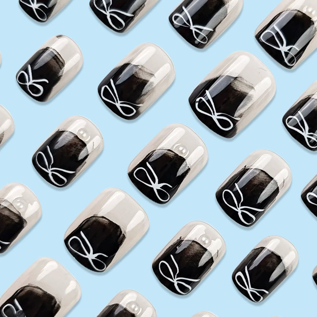 IMSOHOT Press on Nails Short Square Fake Nails Black French False Nails Artificial Full Cover Silver Bow Glue on Nails for Women Nail Decoration