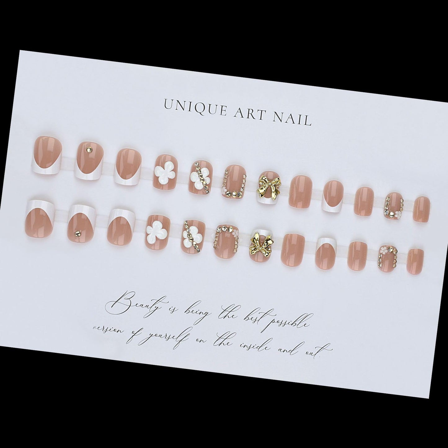 plalely Square Press on Nails Short Nude Fake Nail 3D Flowers Charms Acrylic Nail Press ons Gold Bow Stick on Nail for Women 24pcs
