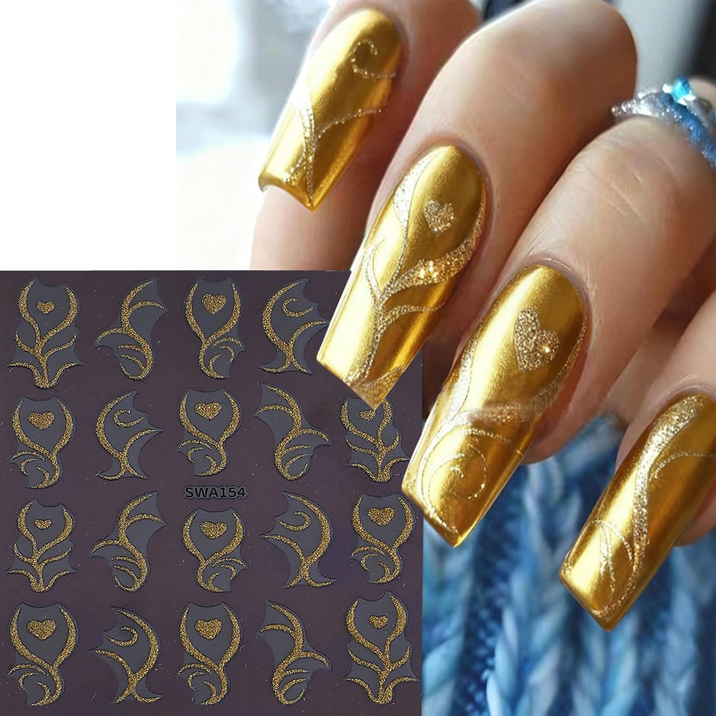 CJDLTS 6 Sheets French Lines Nail Art Stickers Gold $& Silver Glitter Love Nails Stickers 3D Self -Adhesive Love Heart Stripes Nail Decals Holographic French Nail Decoration for Women DIY Manicure