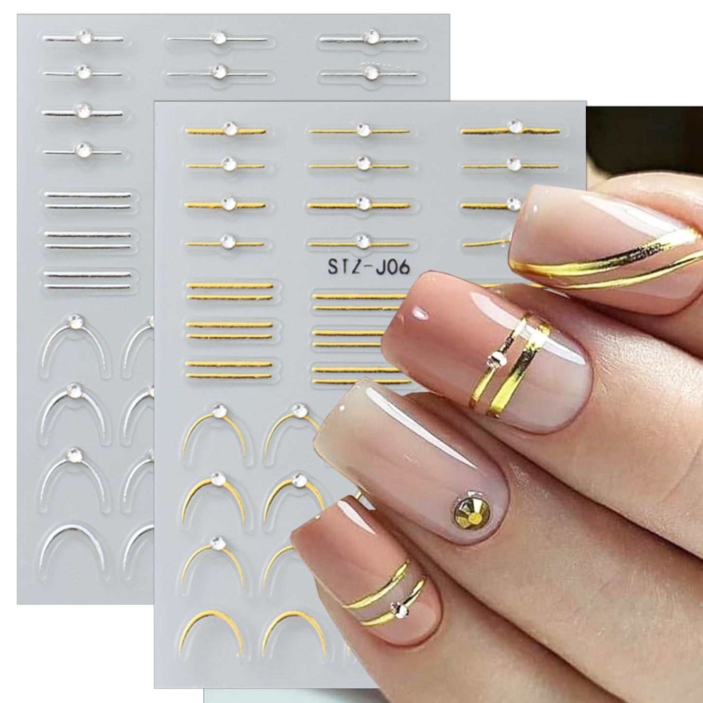 2 Sheets French Tip Nail Stickers for Nail Art Gold Silver French Nail Art Stickers with Crystal Diamond 5D Self-Adhesive Nail Supplies Embossed Line Nail Decals for Women DIY Manicure Decoration