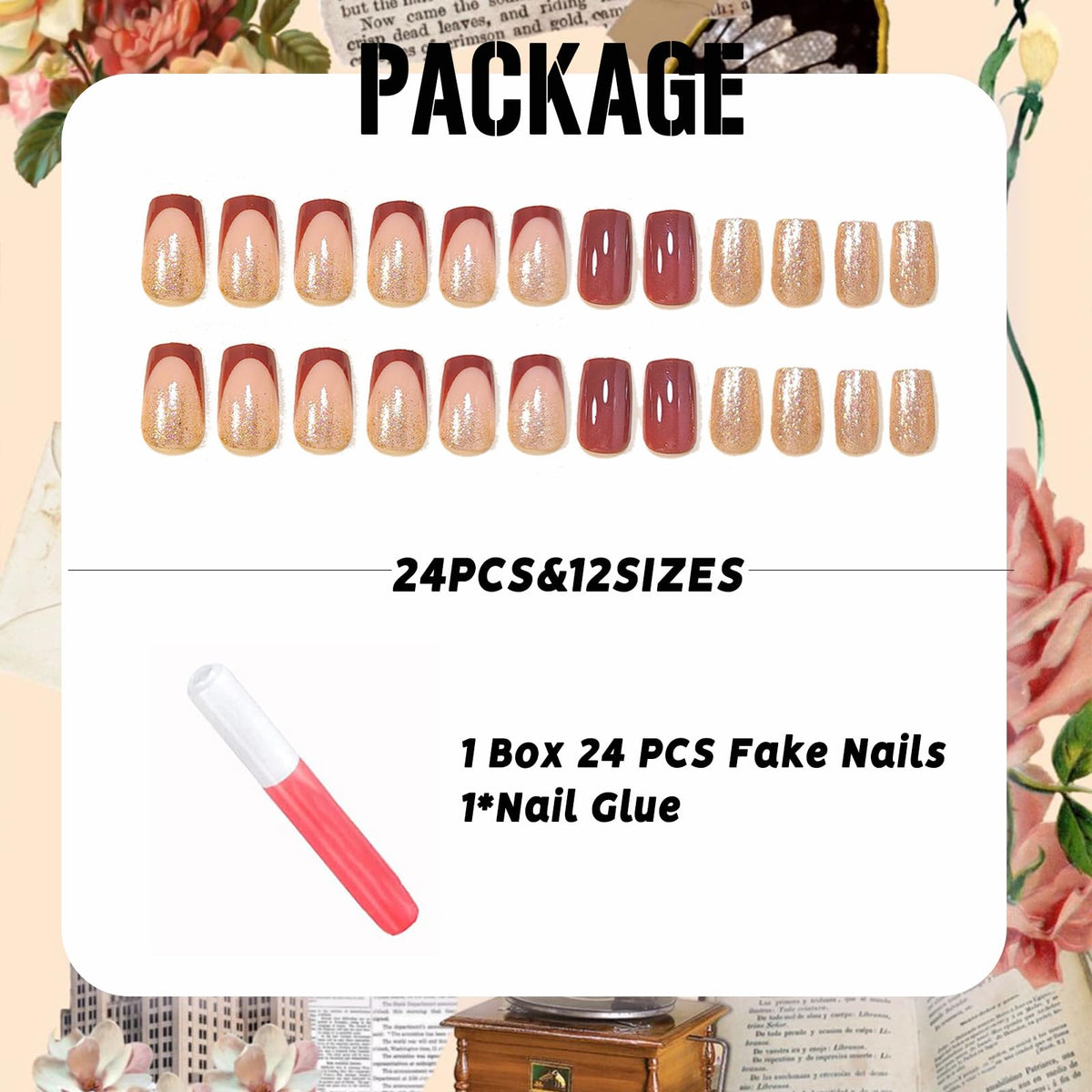 IMSOHOT Brown Press on Nails Short Square Fake Nails Golden Glitter False Nails Glossy Sparkly Autumn Acrylic French Tips Full Cover Glue on Nails for Women Manicure