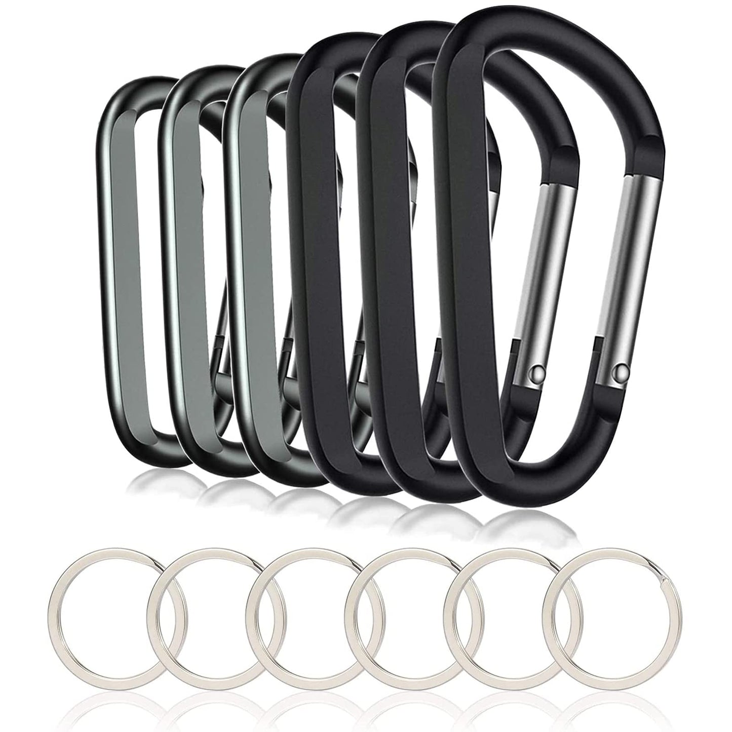 CampTek 6PCS Carabiner Caribeaner Clip,3" Large Aluminum D Ring Shape Carabeaner with 6PCS Keyring Keychain Hook (Black + Grey)"