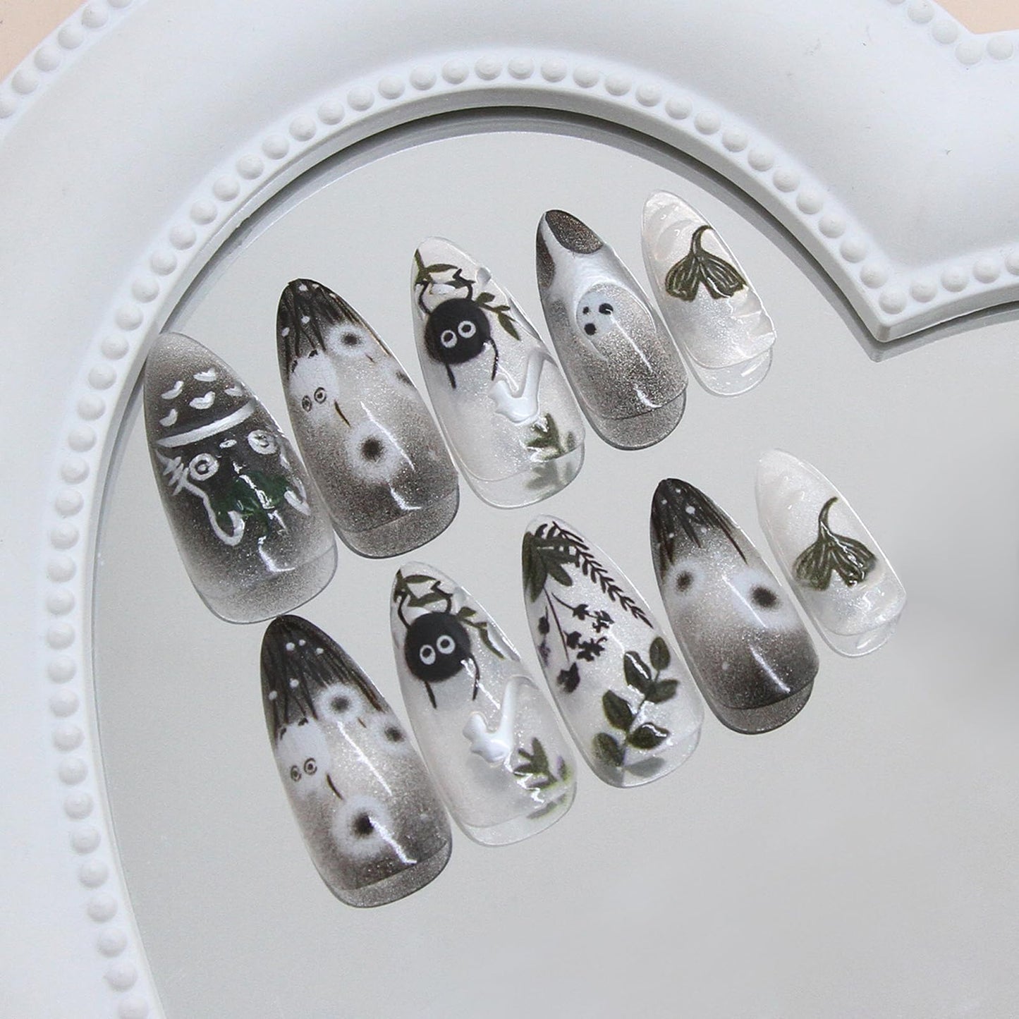IMRAIN Press on Nails Medium Almond Fake Nails with Cute Pattern Design Glossy Black Ombre Acrylic False Nails Full Cover Glue on Nails Artificial Nail Supplies for Women Girl Nail Decoration