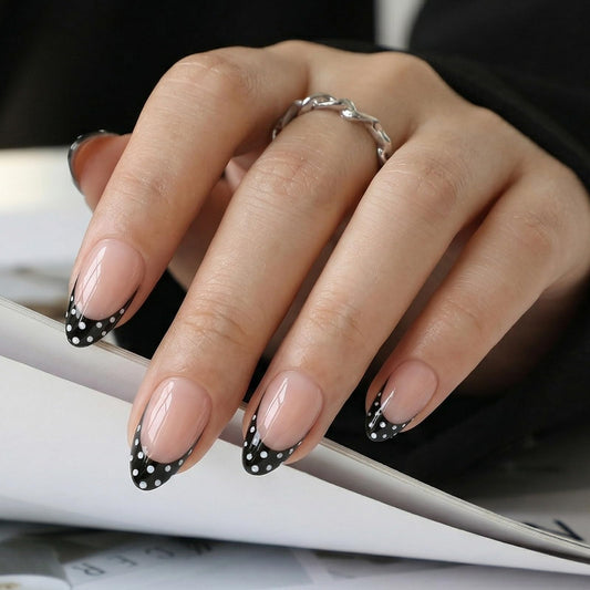 UNA GELLA 32Pcs Soft Gel Press on Nails - 16 Sizes Polka Dot French Tip Almond Glue on Nails, Reusable Nude False Nails with Black Dots, Full Cover Acrylic Nail Kit for Women DIY Home Manicure