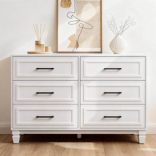 BERRY NEST Farmhouse 6 Drawers Dresser for Bedroom, White Dressers with Unique Solid Wood Legs, Modern Wide Chest Dressers for Clothes, Closet, Living Room