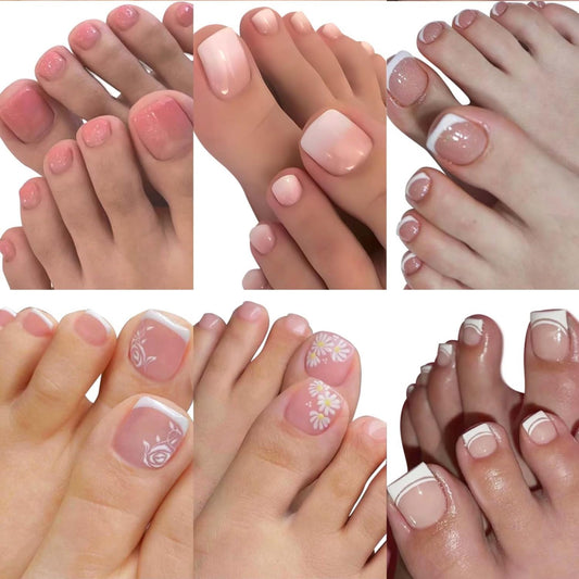 CTTHNBD 6 Packs (144 Pcs) Press on Toenails, French Tip, Pink, Flower, Glue on, Gel, Stick on, 12 Sizes-6 Styles