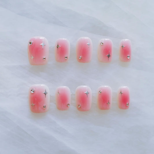 [GLORS] Short Square Press On Nails, Handmade Trendy Design in Pink with Silver Stars, 10 Pieces Salon Quality (Small, SS)