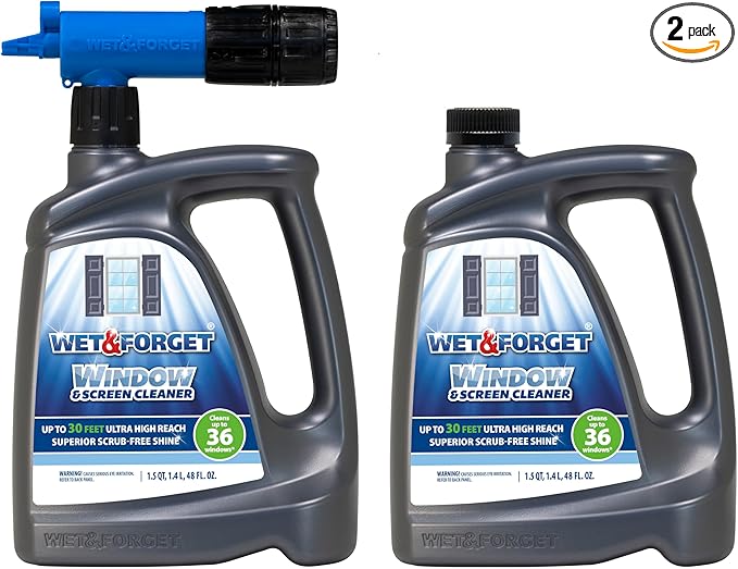 Wet & Forget Window & Screen Cleaner â Outdoor Window Cleaner Spray & Hose Attachment; No Scrubbing, Superior Scrub-Free Shine for Windows & Screens; 48oz (Pack of 2)