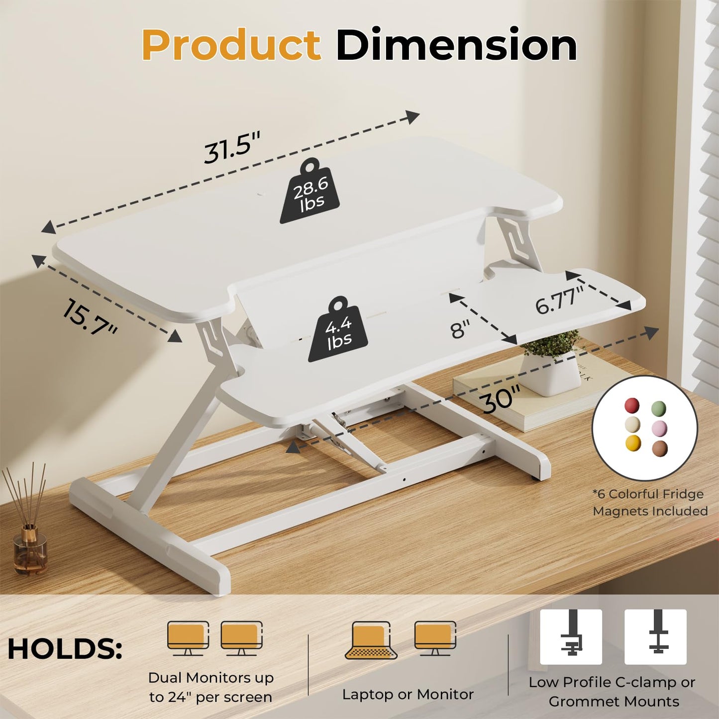 JOY worker Standing Desk Converter, 32" Height Adjustable Sit Stand Up Desk Riser with Keyboard Tray & 6 Fridge Magnets, Desktop Workstation Riser for Home Office Computer Laptop, White