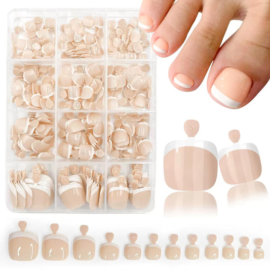 240Pcs White French Tip Press On Toenails Short Square Fake Toenails Glossy False Toe Nails with French Tip Design Sticker on Toenails Artificial Nude Acrylic Glue on Toe Nails for Women Manicure