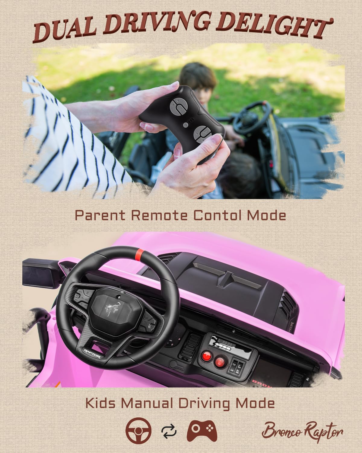 First Ride On 24V Ride on Toys for Big Kids, Licensed Ford Bronco Raptor 2 Seater Ride on Cars with Remote Control, Ride on Truck w/ 4-Wheeler Suspension, 3 Speeds, Led Lights, Bluetooth (24V, Pink)