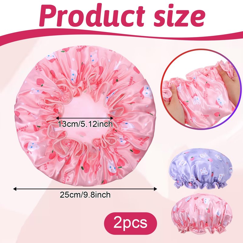 Jeffdad Kids Shower Caps, 2 PCS Pink & Purple Waterproof Double Layers Shower Caps Cute Bonnets Elastic Band Bonnet Satin and Eva Soft Kids Sleeping Cap Reusable Shower Cap