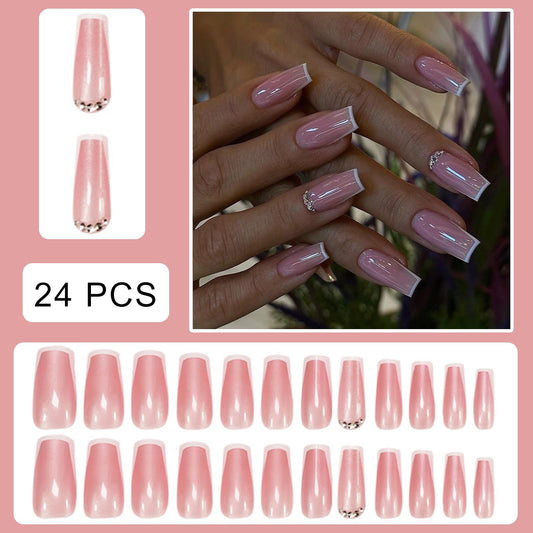 White French Electroplated Press on Nails Square Medium Fake Nails Nude Pink False Nails with rhinestone Design Glossy Reusable Stick on Nails for Women 24pcs