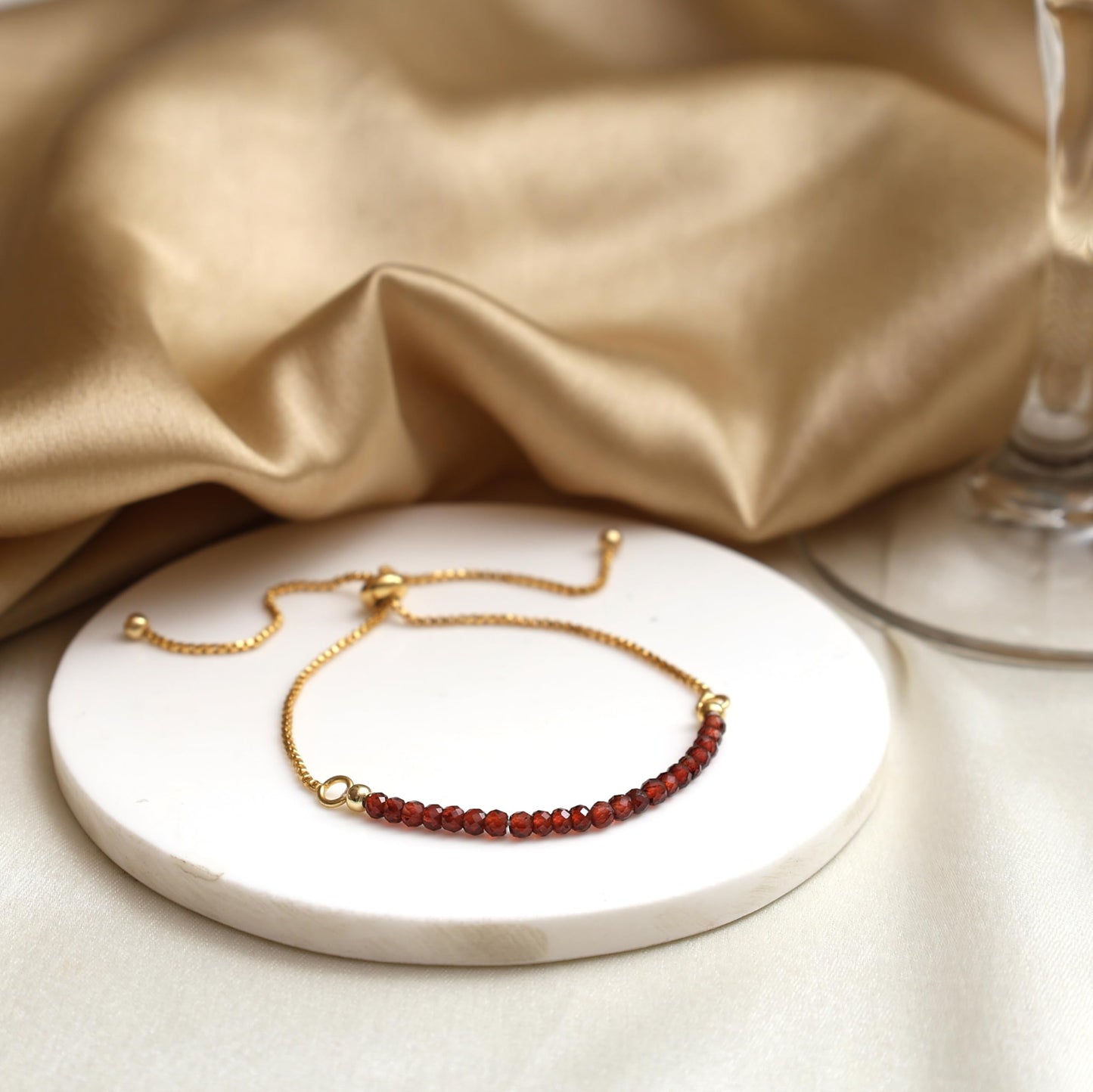 Gempires January Birthstone Jewelry for Women, Birthstone Beaded Bracelets, Red Garnet Gemstone Bracelet, Bolo Bracelet, 14k Gold Plated Chain (6-9 inch Adjustable Length)