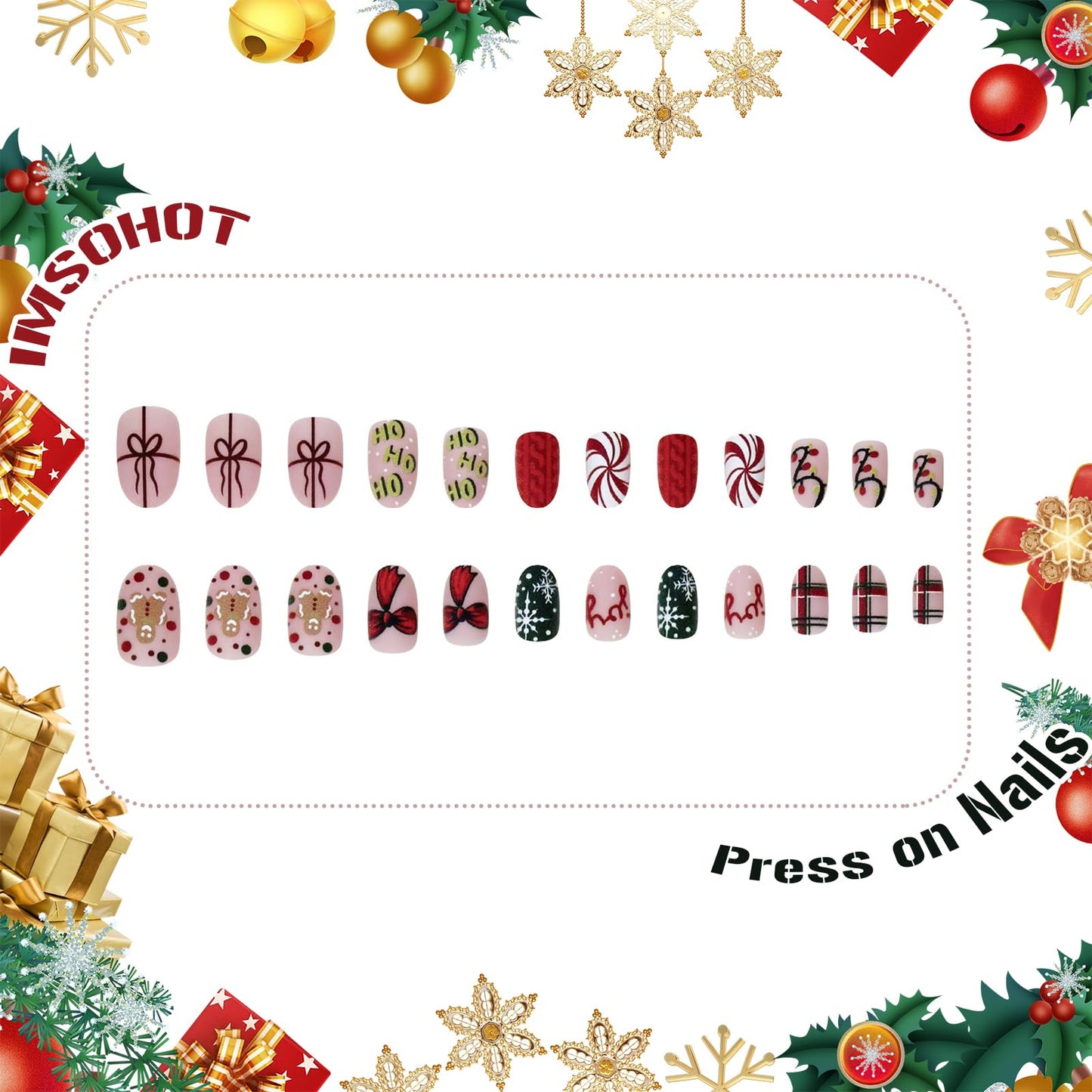 IMSOHOT Press on Nails Short Oval Fake Nails Matte Red Green Round False Nails with Bow, Snowflake Designs Cute Acrylic Full Cover Glue on Nails for Women Girls 24Pcs