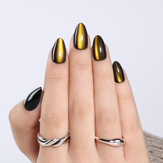 Gold Cat Eye Press On Nails Almond - Short Almond Fake Nails with Nail Glue, Gold Cateye Press On Nails Reusable Stick On Nails in 16 Sizes 32 Nail Kit for Women & Girls | Salon Quality