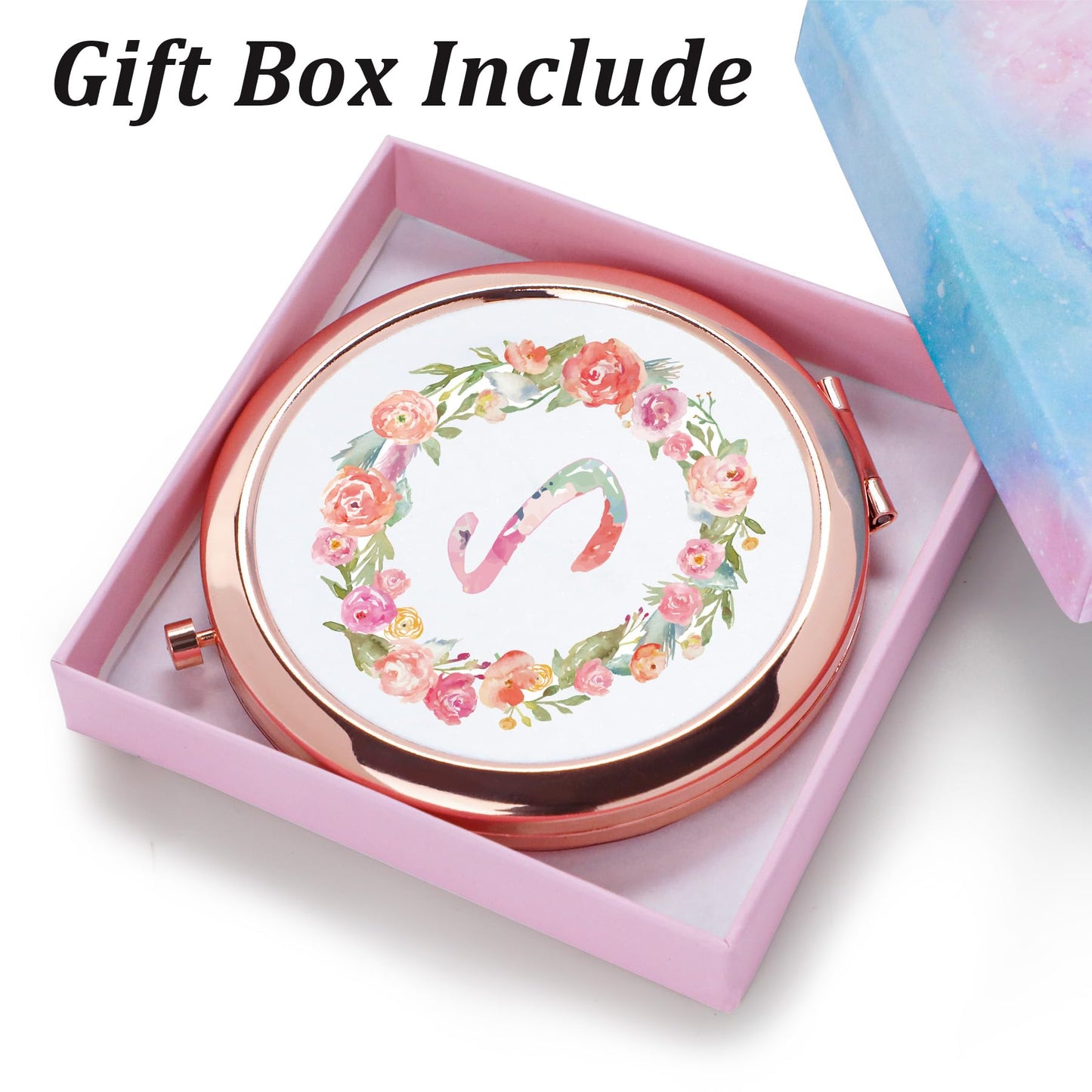 QUSTGO Personalized Gift for Women Girls Her, Custom Gifts for Adult Teen, Floral Monogram Alphabet Initial Compact Mirror for Birthday, Graduation, Mothers Day, Basket Stuffers