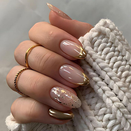 Medium Almond Press on Nails Gold French Tip Fake Nails Nude with Gold Foil Design Glossy Acrylic Glue on Nails Reusable Artificial Nail Full Cover Sticker on Nails for Women 24 Pcs