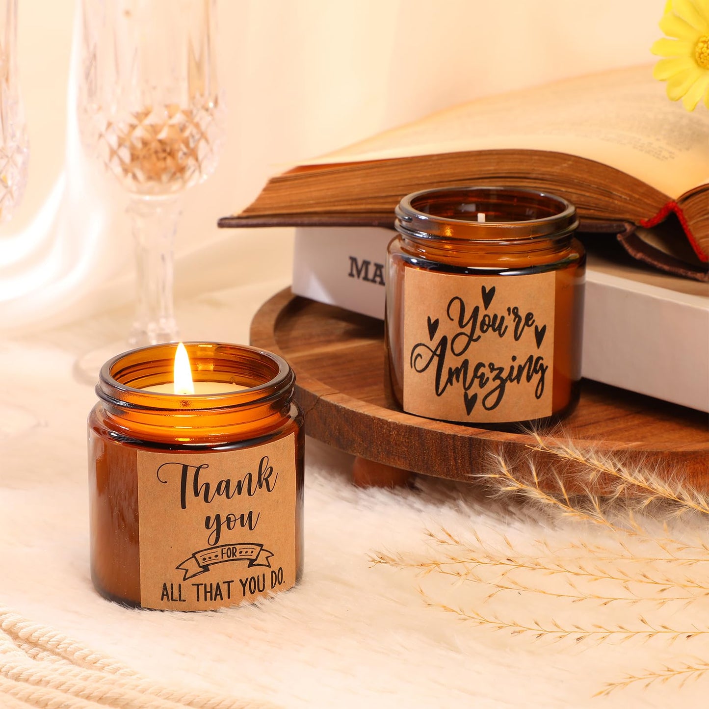 Roowest 10 Jars Candles 3.5 oz Employee Appreciation Gifts Bulk Soy Wax Jar Inspirational Candle Thank You Gift for Coworkers Women Social Worker Volunteer Teacher Nurse(Amber,Pretty,Lovely)