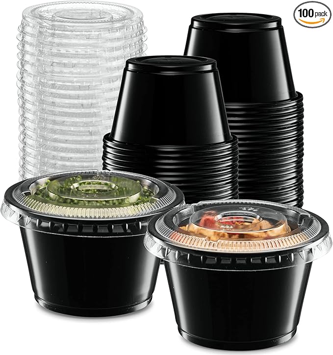 ELEGANT DISPOSABLES (4 oz - 100 Sets) Black Diposable Plastic Portion Cups With Lids, Small Mini Containers For Portion Controll, Jello Shots, Meal Prep, Sauce Cups, Condiments, Medicine, Dressings,