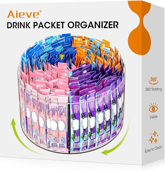 AIEVE Drink Packet Organizer, Lazy Susan 360Â° Turntable Organizer for Drink Mix Hydration Packets, Water Flavor Acrylic Container Tea Bag Holder for Kitchen Storage Organization