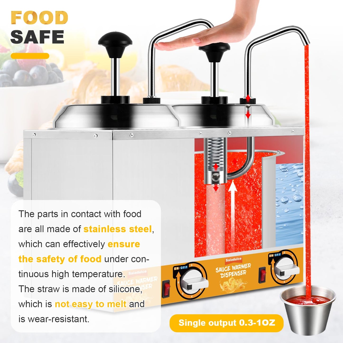 Saladulce Nacho Cheese Dispenser Warmer 5.3Qt Electric Cheese Pump with 9 Stickers&Cleaning Kits, Insulated Dispenser Pump for Cheese Fudge Caramel 86-185℉ 110V