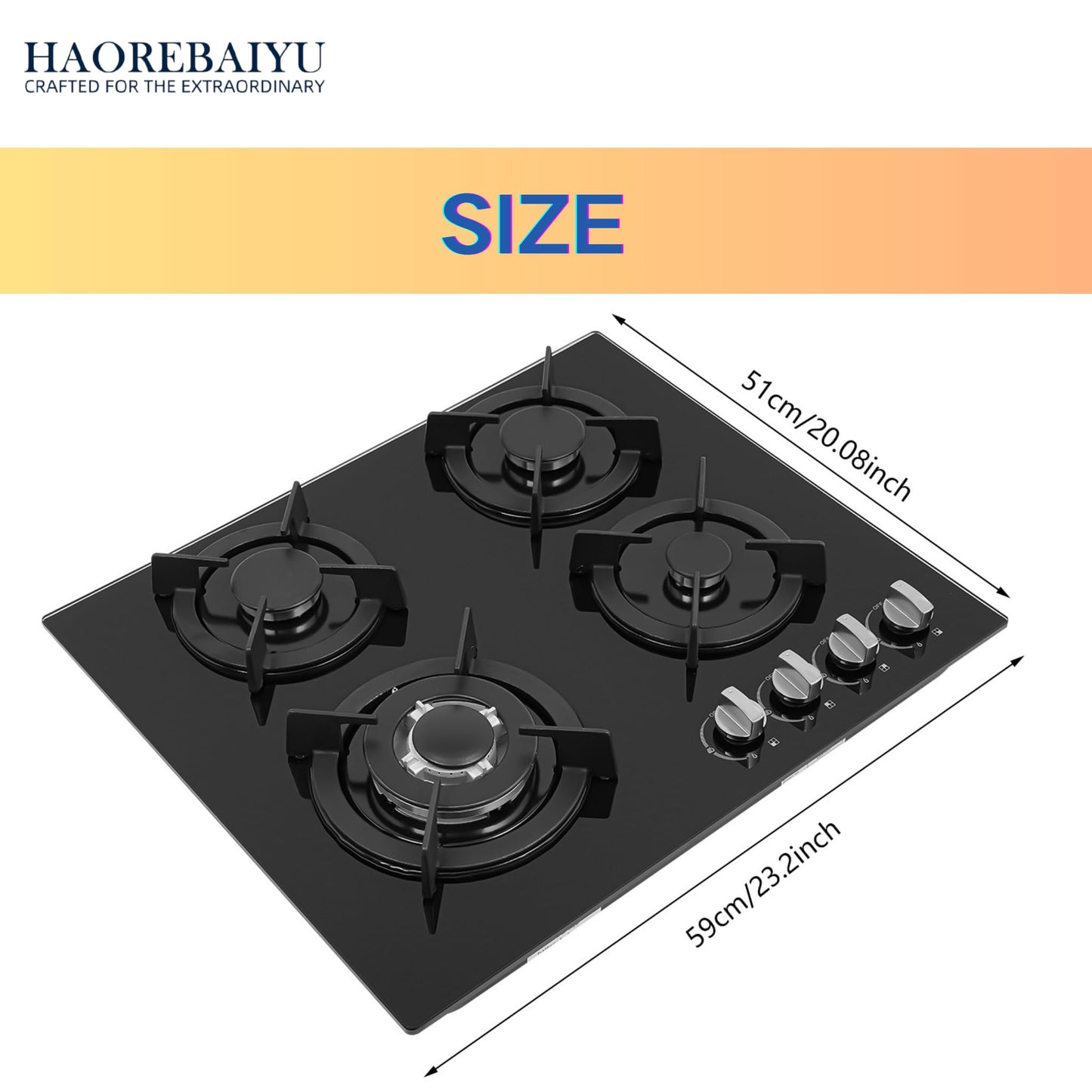 23Inch 4 Burner Built-In Lpg Gas Stovetop,Drop-In Gas Hob with Independent Control Knobs&Backfire Protection,Black Tempered GlassGas Cooktop