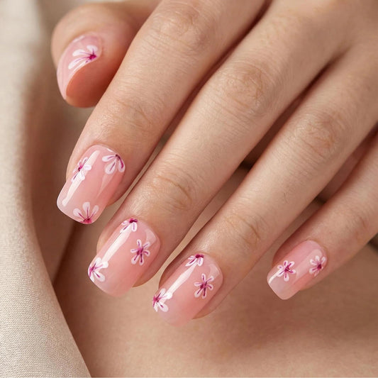 Pink Floral Press On Nails Short Square, Glossy Nude Pink False Nails with Small Daisy Design, Cute Spring Summer Fake Nails for Women, Full Cover Acrylic Nails Set, 24PCS
