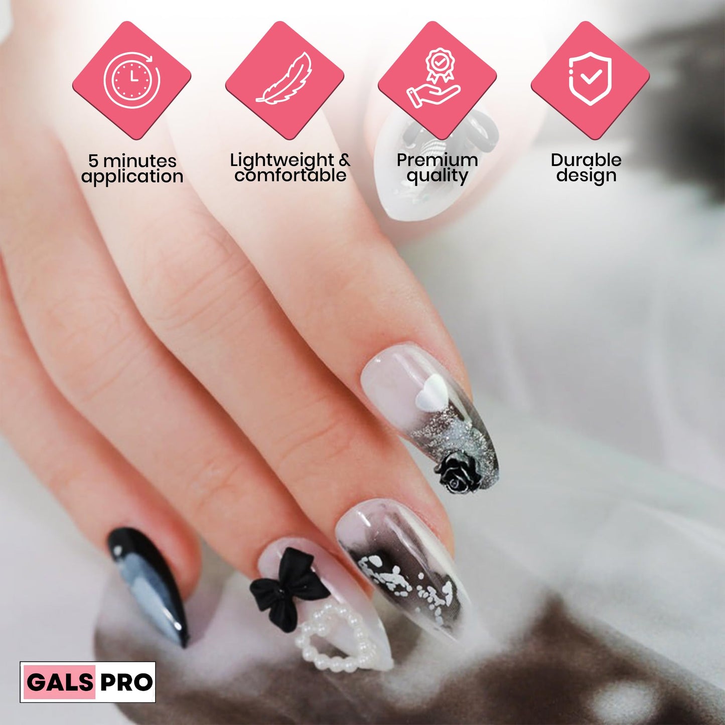 GALSPRO Short Press on Nails - Set of 24 Fake Nails with Designs in 12 Different Sizes for Perfect Fit, Cute False Nails Kit for Women with 0.07oz Nail Glue (HARMONY NOIR ALMOND SHAPE, Short)