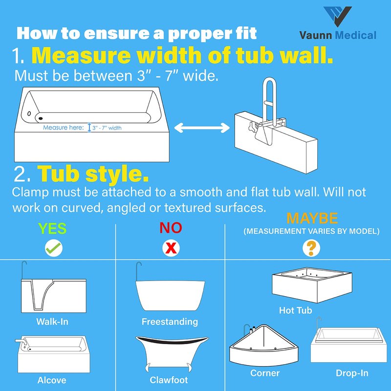 Vaunn Medical Bathtub Handle Grab Bar and Safety Rails for Seniors, Height Adjustable Tub Handles