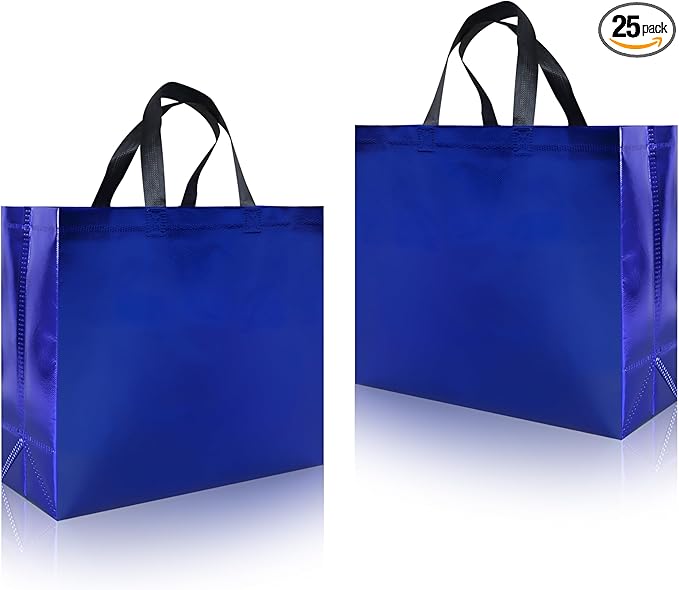 cabzymx 25 Pcs Blue Reusable Gift Bags with Handles, Party Gift Bag with Sturdy Bases, Ideal Goodie Bag Bulk for Xmas, Birthday,Wedding, Holiday- 12.6x4.7x11 In