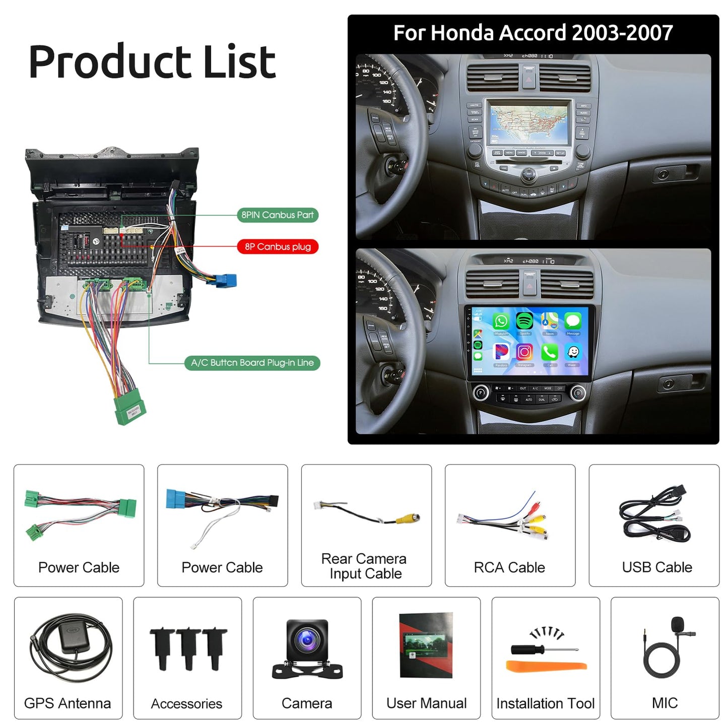 2G+64G Car Radio for Honda Accord 2003-2007, Rimoody Android 13 Car Stereo with Carplay Android Auto 10.1'' Touchscreen GPS WiFi Mirror Link Bluetooth FM/RDS HiFi SWC Backup Camera Microphone