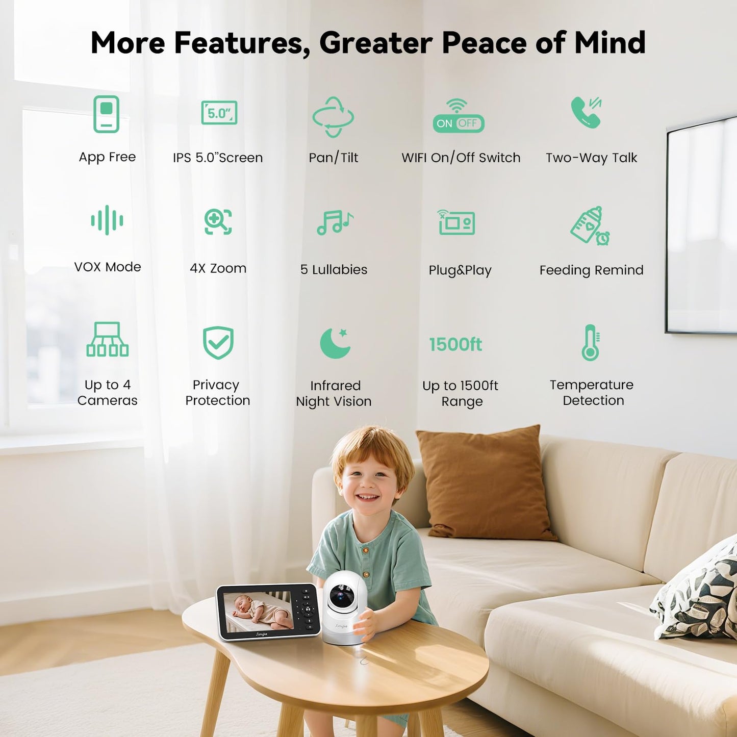 Simyke Video Baby Monitor with Camera and Audio,5inch Screen,720P,No Wifi or Free Smartphone App Mode,Remote Pan/Tilt/Zoom Camera,Lullabies,Feeding Remind,Night Vision,VOX,2-Way Talk,1500ft long Range