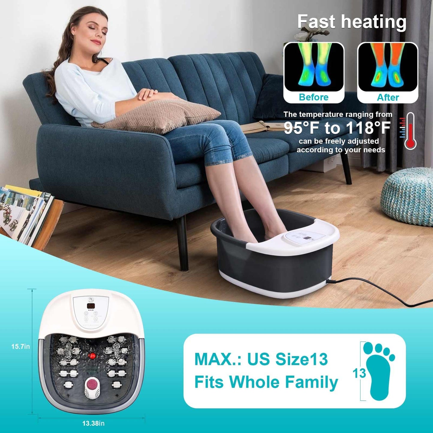 ECARBME Foot Spa Bath Massager with Heat, Foot Bath with 22 Massage Rollers, Temperature Control, Jets, Bubbles, Epsom Salt and Vibration, Foot Soaking Tub for Relaxation - Grey