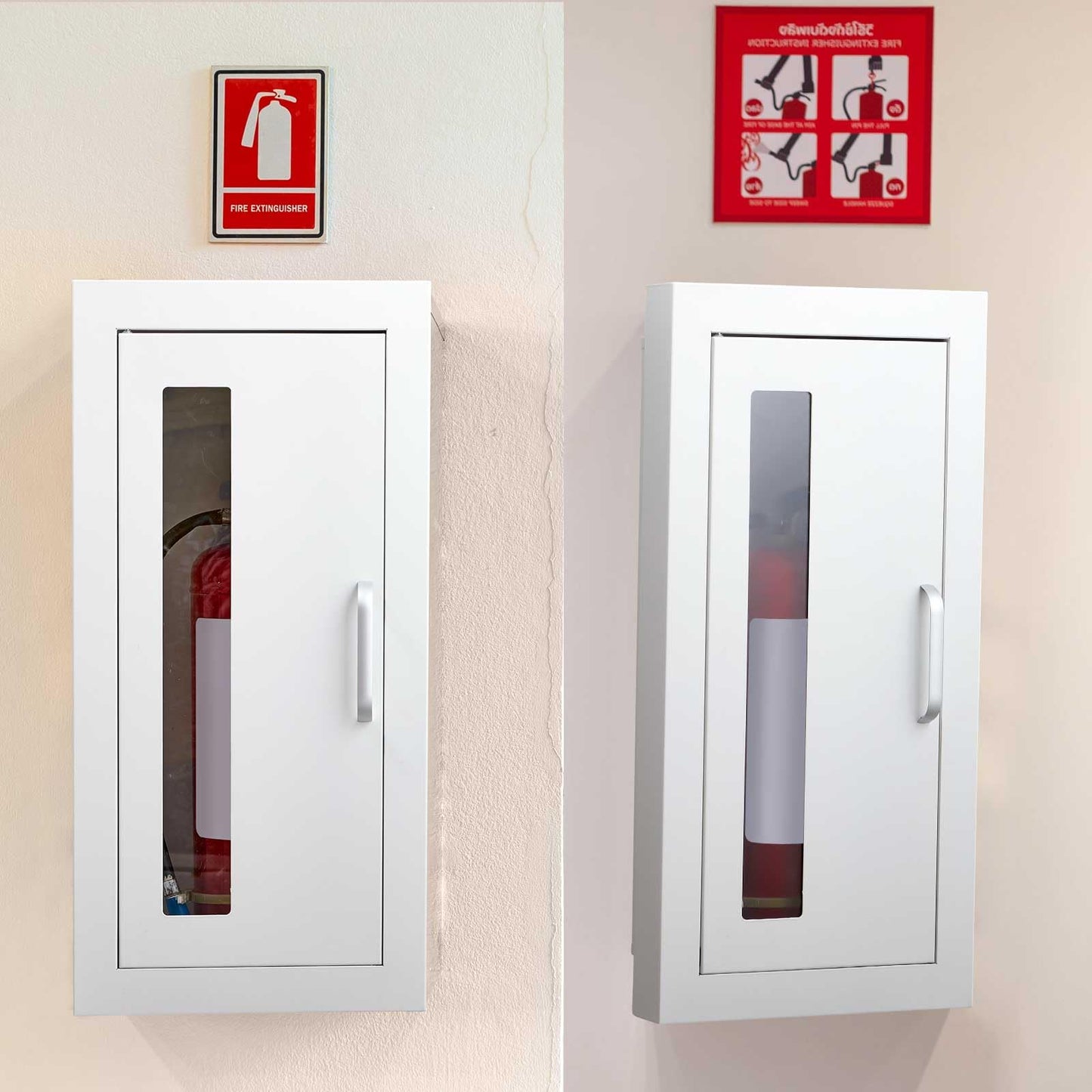 Zonon 1 Pcs Semi Recessed Fire Extinguisher Cabinet Industrial Architectural Wall Cabinet, Door with Handle Version for 10 Pound Dry Chemical Fire Extinguisher White