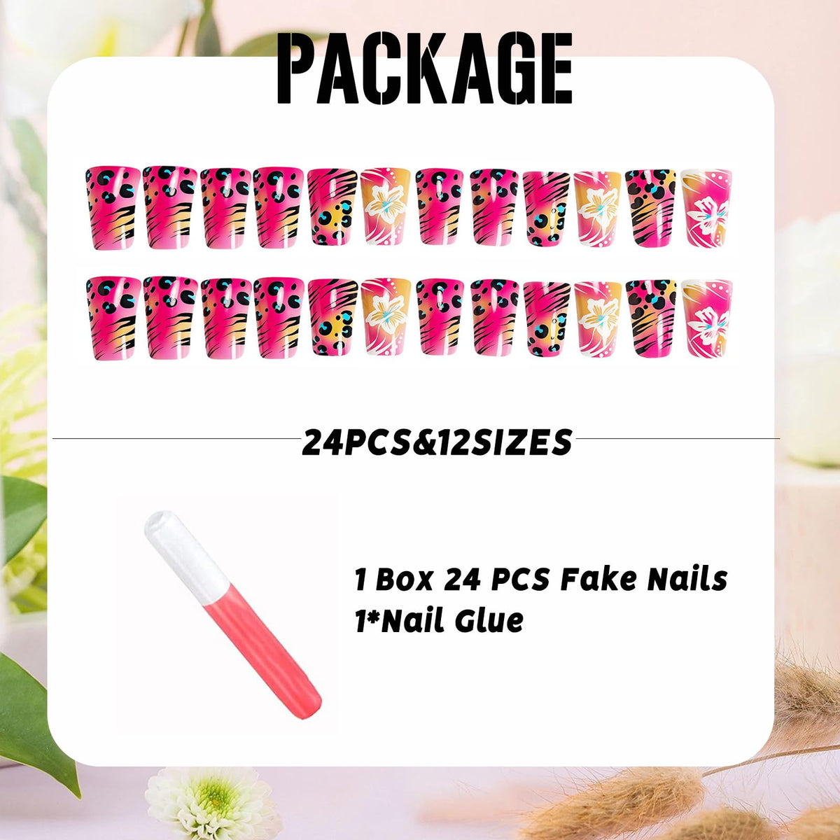 IMSOHOT Pink Press on Nails Medium Duck Fake Nails Glossy Glue on Nails with Flower & Leopard Print Designs Full Cover Summer Acrylic Duckbill False Nails for Women Girls Manicure Decoration