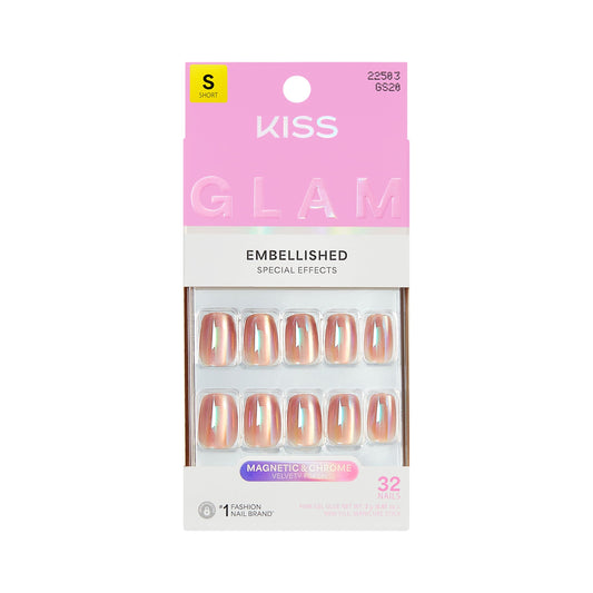 Kiss Glam, Press On Nails, Nail glue included, 'Golden Hour Affairs', Pink, Short Size, Squoval Shape, Includes 32 Nails, 2g Glue, 1 Manicure Stick, 1 Mini File