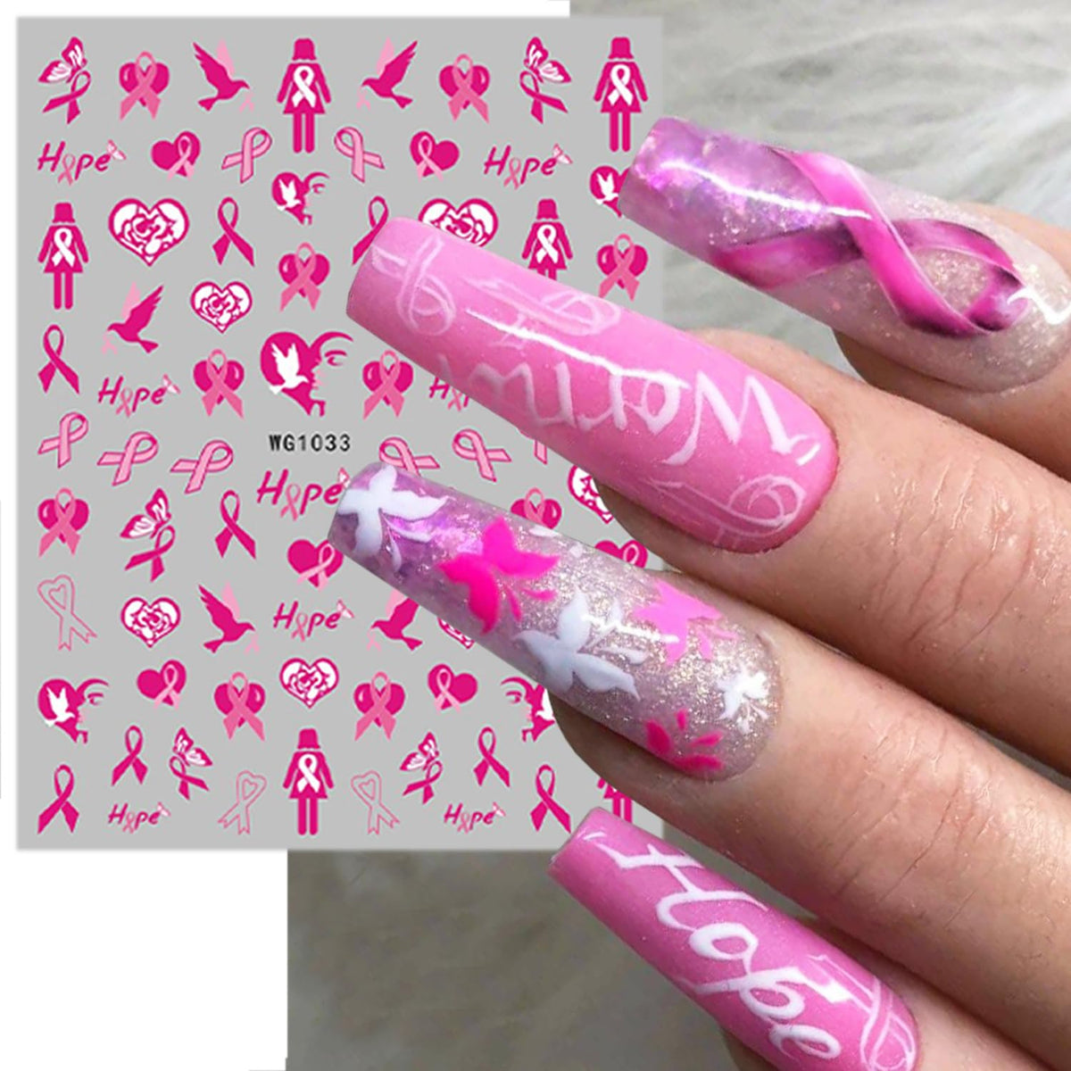 8 Sheets Pink Breast Cancer Awareness Nail Stickers for Nail Art Pink Ribbon Nail Decals 3D Self-Adhesive Breast Cancer Nail Art Stickers Heart Hope Letter Nail Design Decals for Women