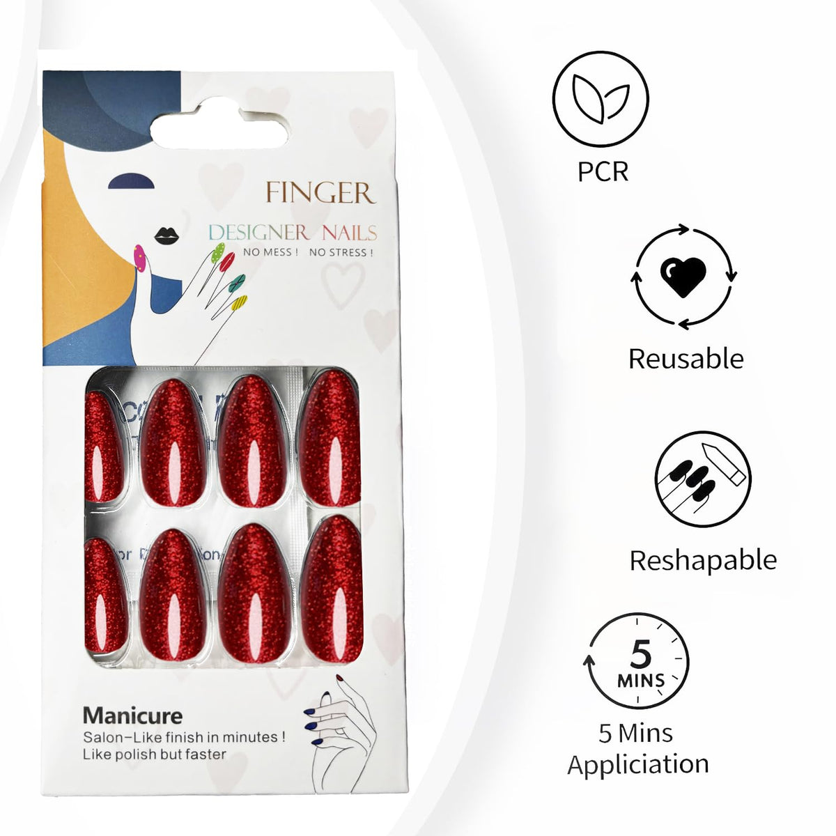Red Glitter Press On Nails Almond -Short Press On Nails with Nail Glue, Fit Perfectly & Natural Reusable Stick On Nails in 12 Sizes - 24PCS Soft Gel Glue On Nails Kit