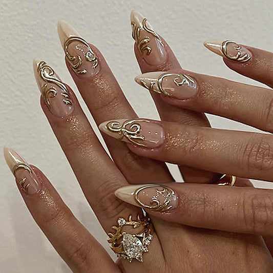 30Pcs White French Tip Press on Nails - Medium Almond Fake Nails 3D Chrome Gold False Nails Gilded Line Gel Acrylic Nails Nude Glossy Full Cover Irregular Gold Line Artificial Stick on Nail for Women