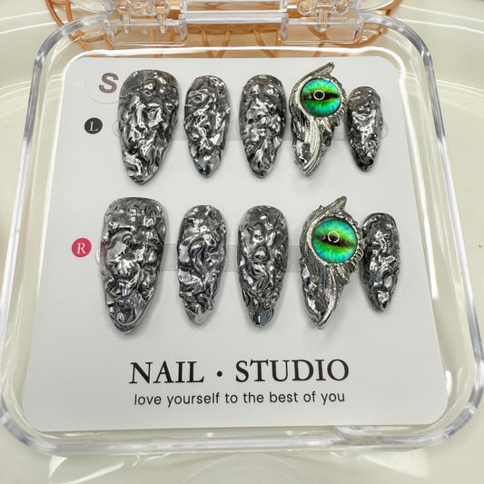 Halloween Press on Nails Medium Almond Handmade Press on Nails 3D The Eye of Demons Stick on Nail Full Cover Metal Texture Acrylic Nails Halloween Nail Art for Women Supplies (Size M)