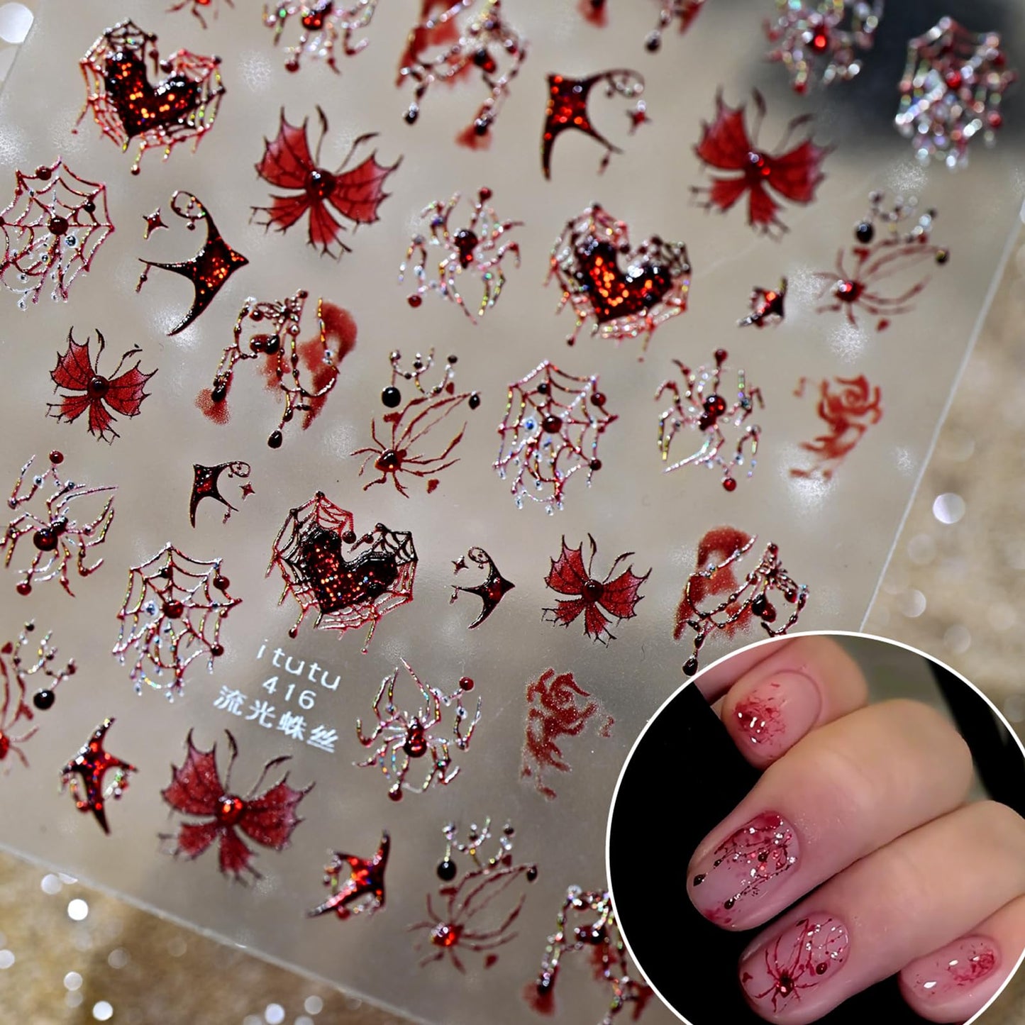 Halloween Nail Stickers for Nail Art 2 Sheet, Red Hibiscus Flowers Evil Eye Nail Decals 5D Embossed Spider Web Bat Design Stickers Halloween Nail Supplies for Women Girls DIY Nail Decorations