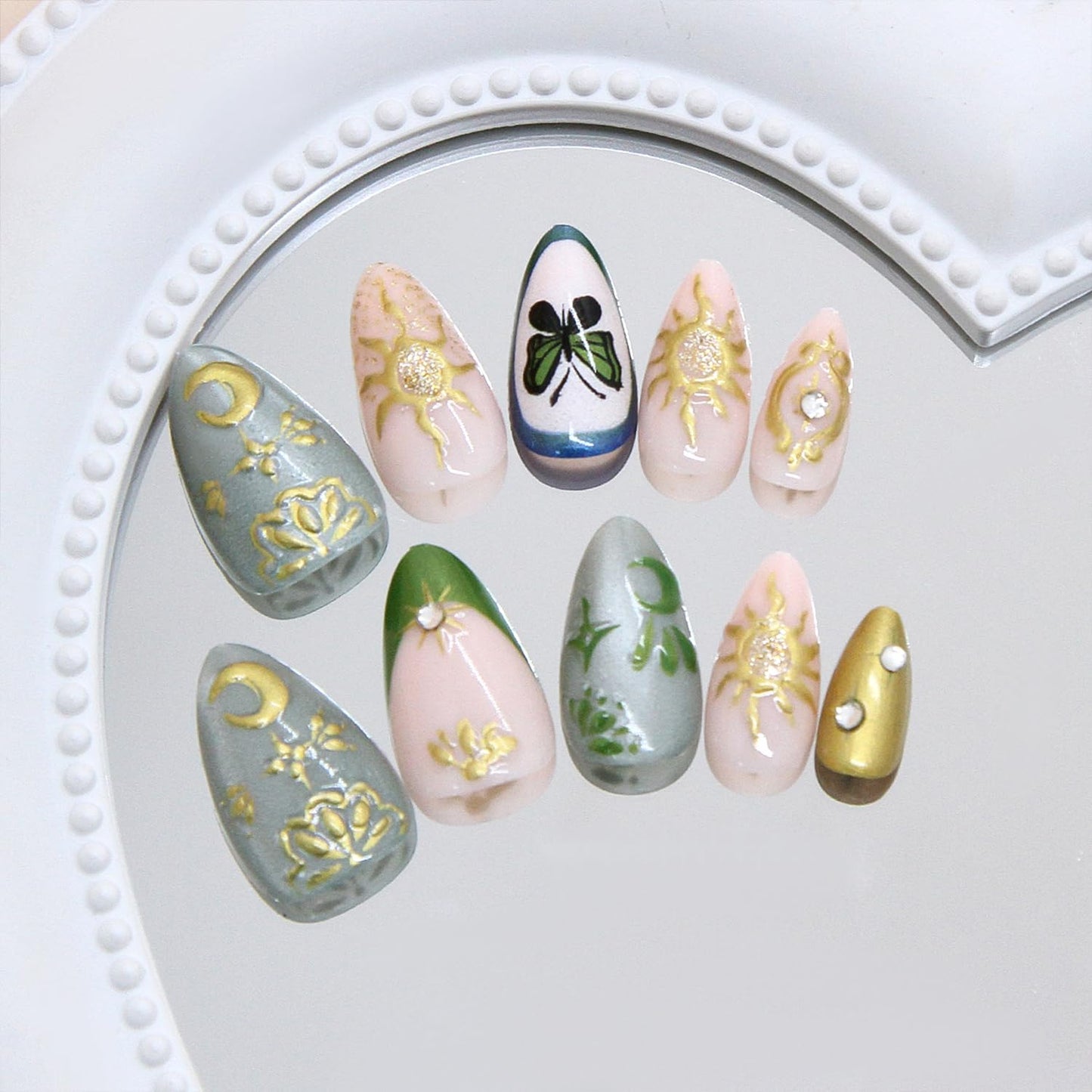 30 Pcs Butterfly Press on Nails 3D Gold Star Moon Fake Nails with Rhinestones Design Short Oval Acrylic Glue on Nail Mirror French Tip False Nail for Women
