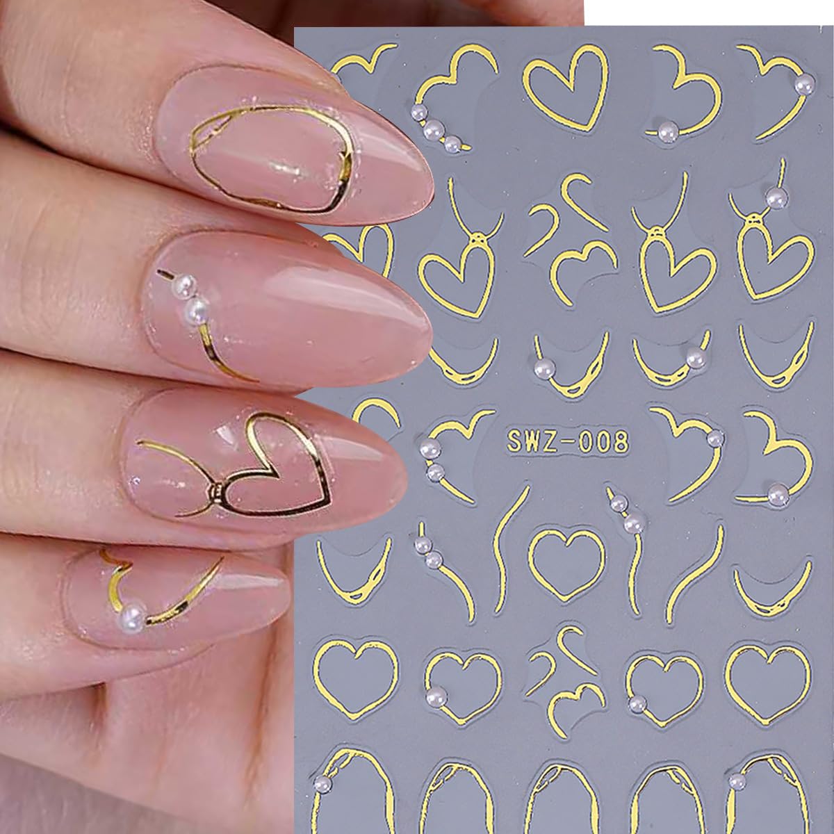 2 Sheets Heart Nail Art Stickers Gold Gliding Bow Nail Decals 3D Glitter Pearl Rhinestones Design Nail Stickers Self-Adhesive Romantic Heart Nails Art Decoration for Women DIY Acrylic Manicure